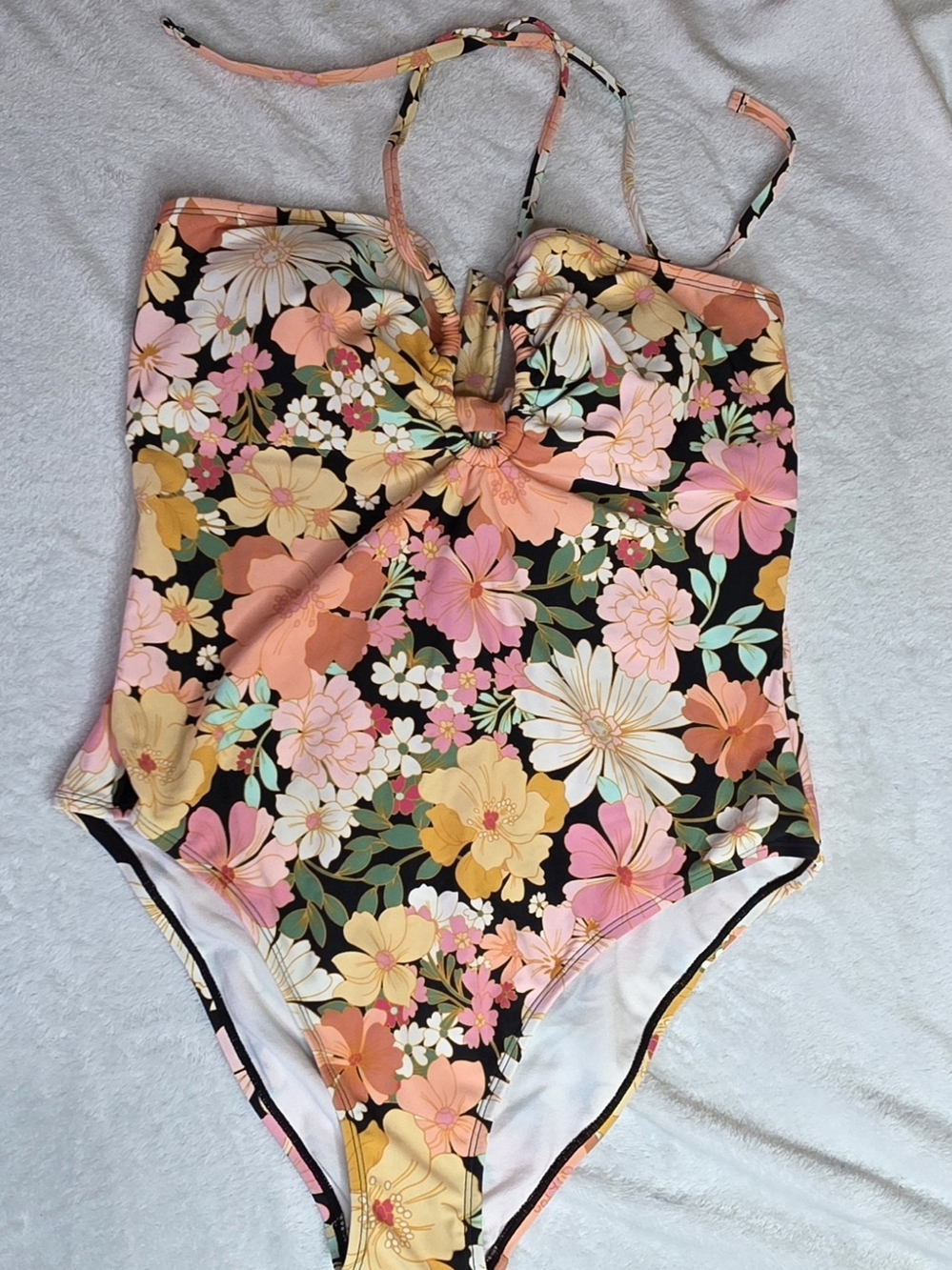 Shade & Shore Floral One-Piece Swimsuit with Peach, Pink & Yellow Flowers Sz L